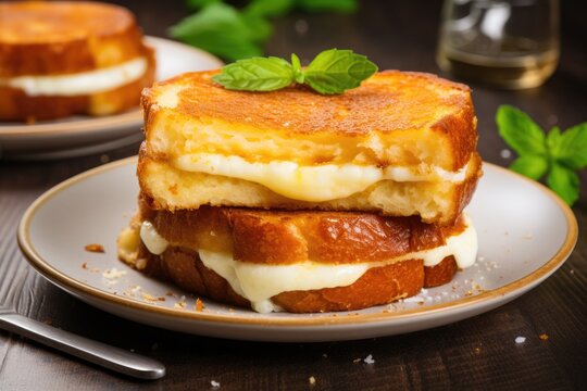 Closeup of golden grilled cheese sandwiches with mozzarella on a plate horizontally on a table