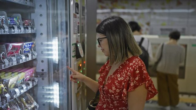 Cheerful and beautiful hispanic woman in glasses joyfully buying a snack from a vending machine at a bustling city subway station