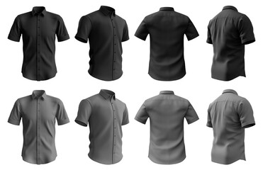 2 Set of black and dark grey gray, button up short sleeve collar shirt front, back and side view on transparent background cutout, PNG file. Mockup template for artwork graphic design