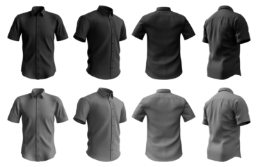 2 Set of black and dark grey gray, button up short sleeve collar shirt front, back and side view on transparent background cutout, PNG file. Mockup template for artwork graphic design