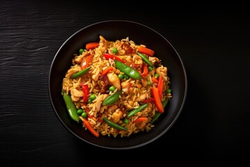 Top view of Szechuan Rice in a black bowl with bell peppers green beans carrots and chicken breasts on a dark slate background
