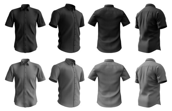 2 Set of black and dark grey gray, button up short sleeve collar shirt front, back and side view on transparent background cutout, PNG file. Mockup template for artwork graphic design