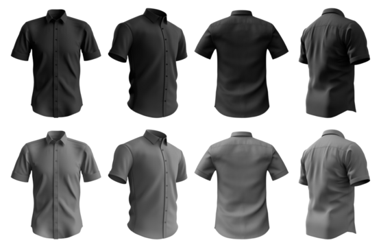 2 Set of black and dark grey gray, button up short sleeve collar shirt front, back and side view on transparent background cutout, PNG file. Mockup template for artwork graphic design