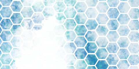 Obraz premium futuristic nature background. geometric Hexagon abstract vector background Vector Watercolor Geometric Seamless Pattern with Hexagons. Blue and white color. Hexagon ceramic tiles background.