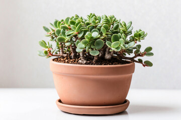 Fototapeta premium Jade plant in clay pot with short branches on white background