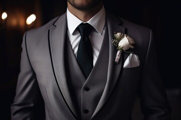 Close-up of a man in formal attire, groom's suit.