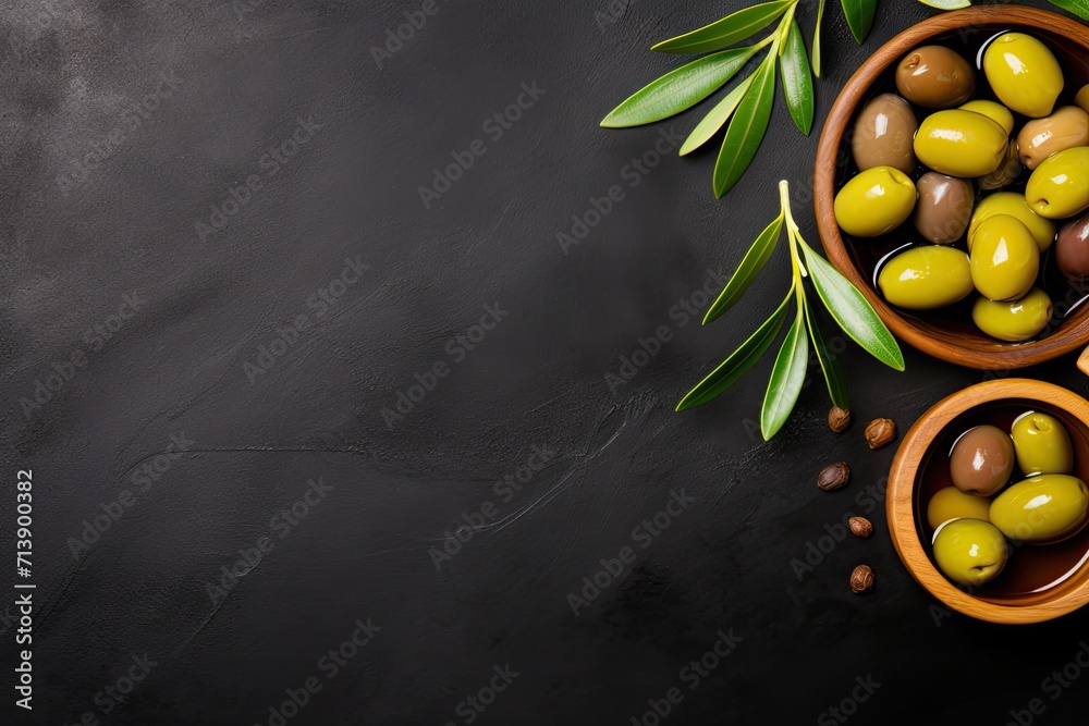 Wall mural Olives and oil in wooden bowl on black slate background Top view