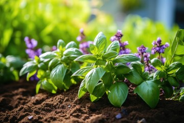 Cinnamon basil and plants with green foliage and purple blooms flourishing in a summer garden.