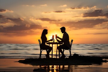 Obraz premium Silhouette of couple sits at a beachside dining table during sunset, romantic ambiance.