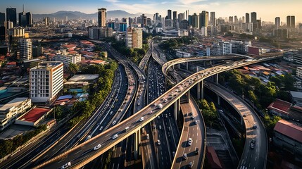 Fototapeta na wymiar Top view of expressway with heavy traffic, a vital infrastructure in megalopolis