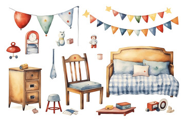Watercolor of Children's bedroom equipment icon set