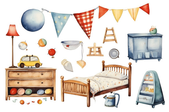 Watercolor of Children's bedroom equipment icon set