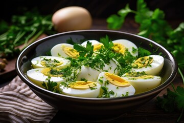 Eggs boiled adorned with parsley in a bowl