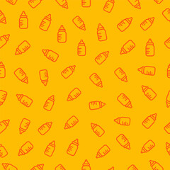 Yellow seamless pattenr with orange outline baby bottles