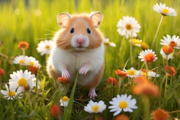 Adult hamster in meadow with flowers.