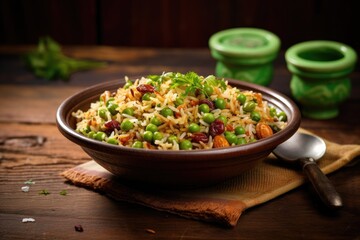 Healthy Soybean pulao or Soya chunk fried Rice with peas and beans Presented in a bowl on a vibrant or woody backdrop Focused display