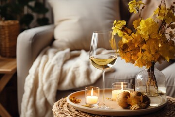 White wine, autumn decor, wooden round table, cozy living room.