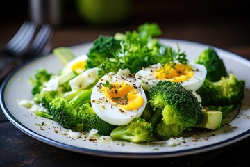 Salad with broccoli, avocado, and boiled egg