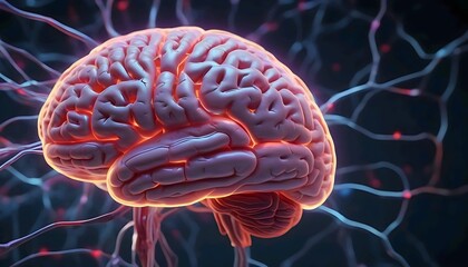 Dynamic 3D Brain, Neon Lines Illuminate Neural Network Connections.
