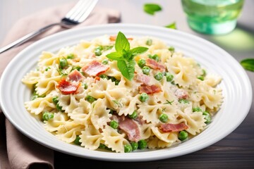 Italian pasta on a white plate topped with green peas turkey ham and parmesan in a cream sauce - Powered by Adobe