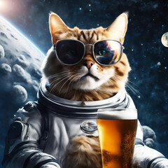 The cat astronaut drinks beer.