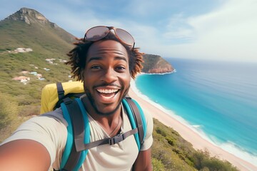 African Young man with a backpack taking a selfie on a mountain