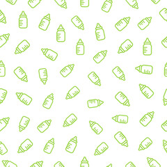 Seamless pattern with green baby bottles