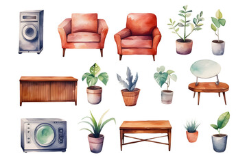 Furniture Icons Set with Chair, Sofa, Armchair, Table, and More for Home and Office Interior Design 