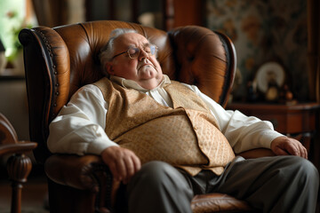 Fototapeta premium Elderly Man Napping in an Ornate Armchair