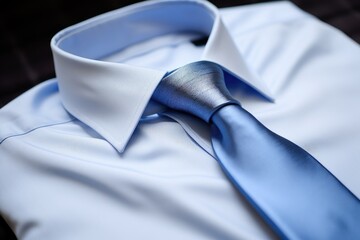 Formal shirt in blue with rolled necktie.