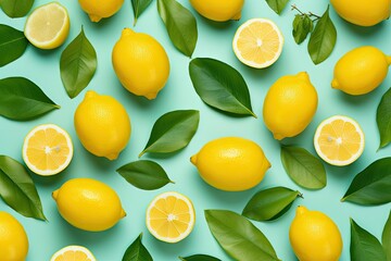 Overhead view of fresh yellow lemons with mints flat lay