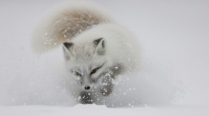 Arctic fox running and pouncing in the thick snow