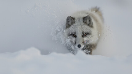 Arctic fox running and pouncing in the thick snow