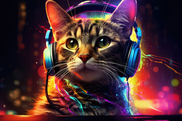 Cute dj cat wearing headphones plays music