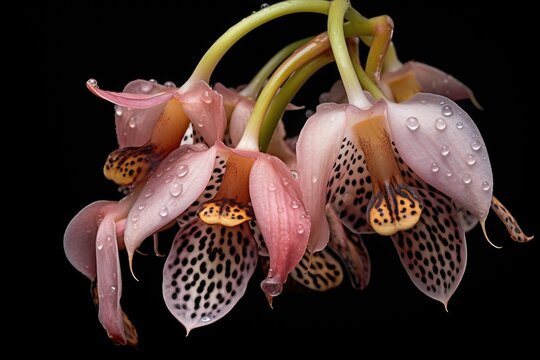 Cymbidium orchid seed pod bursts on black background, releasing tiny seeds carried away by wind for pollination.
