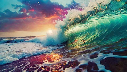 Fototapete Rund on the beach ocean sea water white wave splashing in the deep sea. Drone photo backdrop © Turan