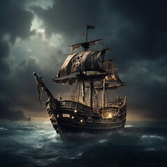 Fototapeta premium A historic black pirate ship at sea ai generative art