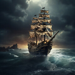 A historic black pirate ship at sea ai generative art
