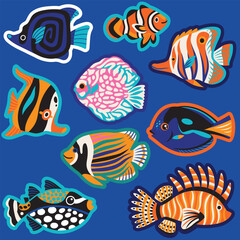 Sticker set of beautiful tropical fishes, exotic sea wildlife in vector