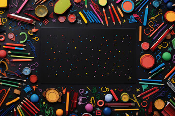 Dark background with crayons and lesson accessories, back to school. Generative ai