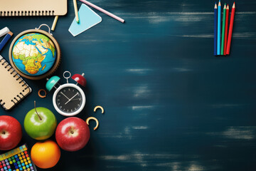 Dark blackboard free space, background with crayons and apples, back to school. Generative ai