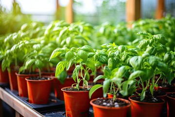 Organic vegetables and herbs are produced through home gardening, with basil and tomato plants grown together in a greenhouse.