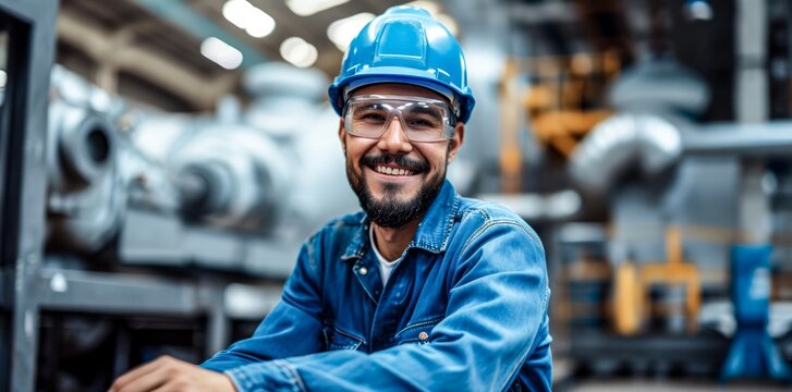 A blue-collar worker dons a hard hat and goggles, embodying the determination and expertise of an engineer on the bustling streets of a construction site