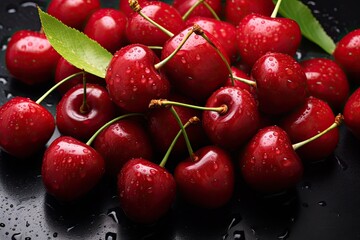 Cherry pile on black table with water drops Ripe and sweet Top view Rustic fruit background