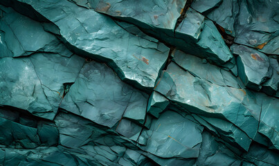 Emerald green cracked slate rock layers, Generative AI