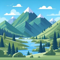 A cartoon summer scene with mountain landscape. Enchanted Forest Landscape Background