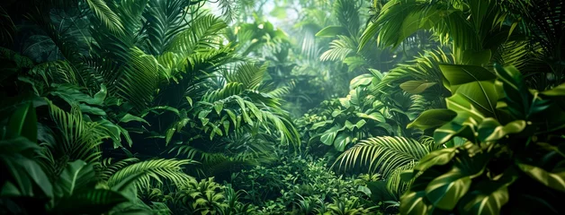 Fotobehang An enchanting jungle oasis filled with lush ferns and towering trees, beckoning for exploration and evoking a sense of tranquility and wonder in its verdant surroundings © Radomir Jovanovic