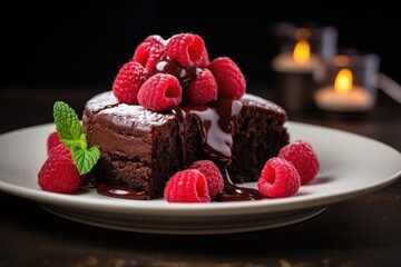 Chocolate cake topped with raspberries on a plate