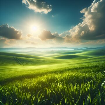Panoramic natural landscape with green grass field meadow and blue sky with clouds, bright sun 