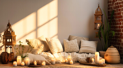 Cozy vibes and candlelight: A warm and inviting room with scandinavian decor. Embrace the beauty of a peaceful and stylish living space